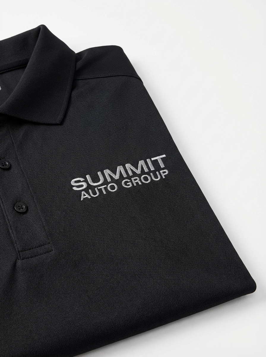 Custom embroidered performance polo close-up